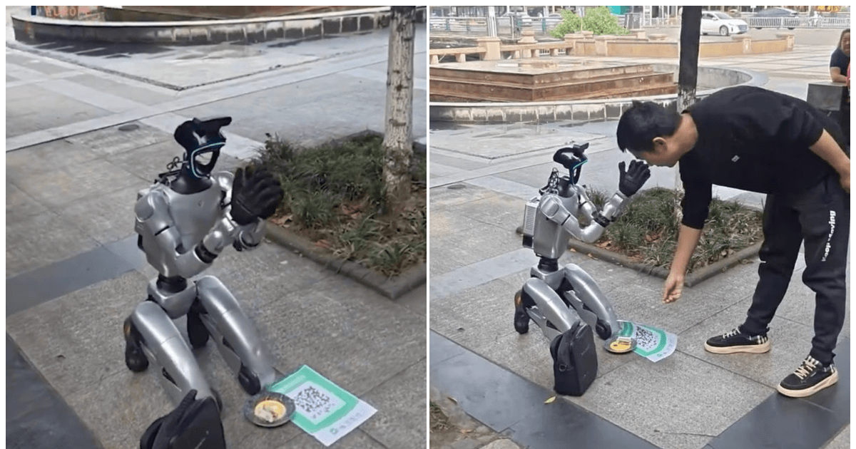 中國機器人街頭跪地乞討 網民：連這行都內卷