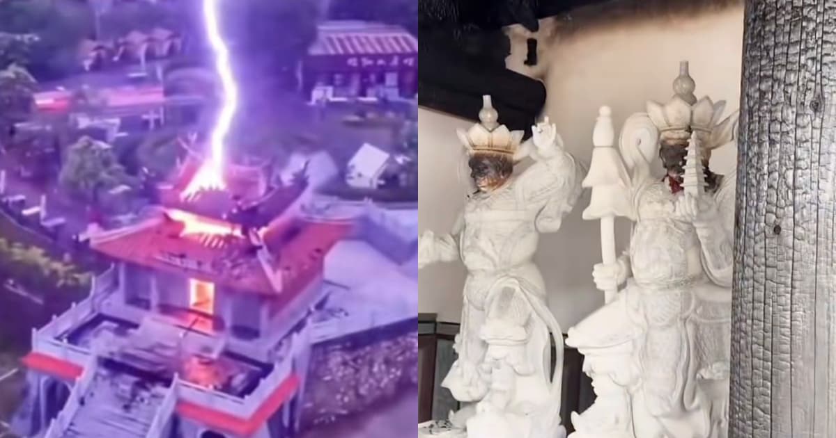 福建一庙遭雷劈 “四大天王”脸变黑(视频)