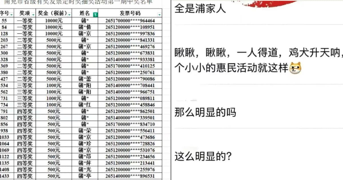 四川南充有獎發票中獎者多數姓蒲? 官方闢謠引質疑