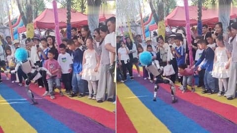新疆景区机器人表演回旋踢 一脚踢中小男孩腹部(图)